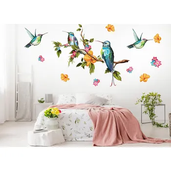 Samolepící dekorace Větev s květy a ptáčky samolepky na zeď arch 100 x 79 cm