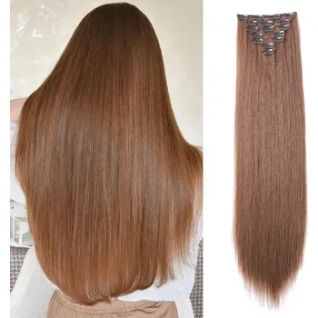 Paruka Vlasy clip in 7 pásů - světle hnědé vlasové příčesky rovné 60 cm