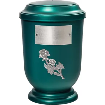 Smuteční dekorace Pohřební Plastová urna na popel, oválné prohlé víčko, zelená, štítek č. 52, 100 x 50, stříbrná růže