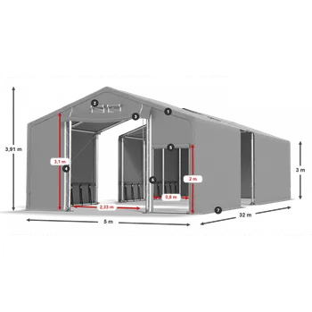 Zahradní stan Skladový stan celoroční 5x32x3m nehořlavá plachta PVC 600g/m2 konstrukce ZIMA PLUS