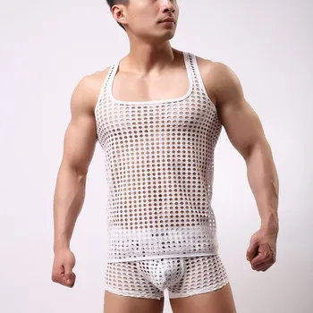 Pánské erotické prádlo Pánské erotické rafinované dírkované tílko Bílá L