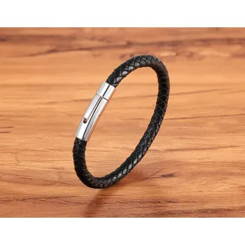 Náramek B-TOP Splétaný náramek z nerez oceli a kůže - stříbrný Délka: 23cm