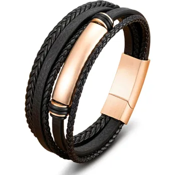 Náramek B-TOP Pánský vícevrstvý náramek kůže a nerez ocel - zlatá/ růžová