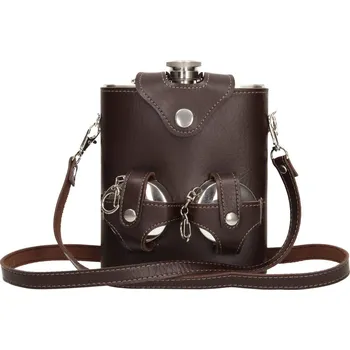 Placatka Nerezová placatka 500 ml stříbrná + brašna hnědá a panáky 2 ks