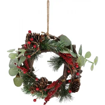 Vánoční dekorace Dřevěný věnec na zavěšení, zdobený červený 22 cm (134121 041 YZB003920 věnec)