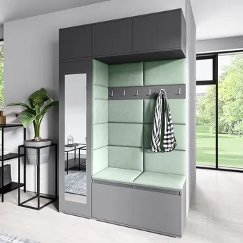 Předsíňová stěna Eka Předsíňová stěna s čalouněnými panely Trinity 21 - Grafit / Světlá zelená 2321