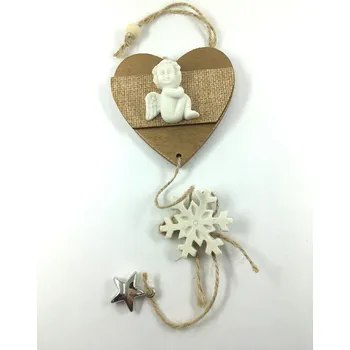 Dřevěná dekorace, závěs srdce s andělem, 8x7cm, 1 kus