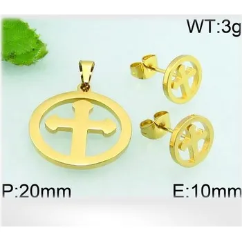 Souprava šperků Ocelový set kříž v kruhu ve zlaté barvě - přívěsek a náušnice