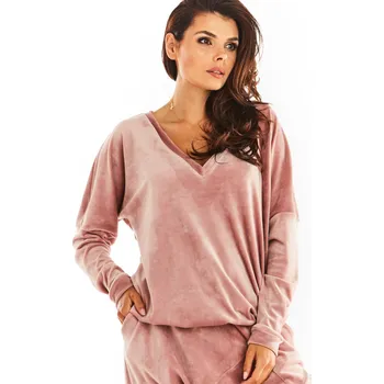 Dámská mikina Velurová mikina s výstřihem do V A376 Barva: Růžová, Velikost: ONE SIZE