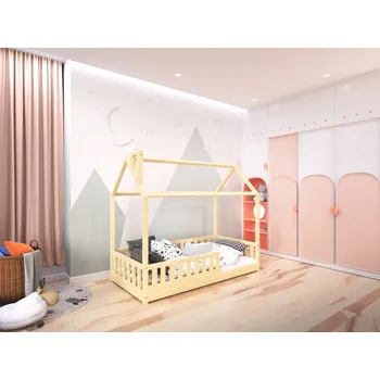 Dětská postýlka Domečková postel Alfie PLUS 1 se snímatelnou zábranou - 80 x 160 - přírodní borovice