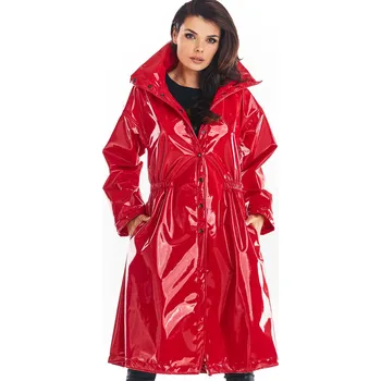 Dámský křivák Vinylový kabát ke kolenům s vysokým límcem A382 Barva: Červená, Velikost: S/M