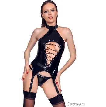 Lakovaný top se šněrováním a podvazkovými pásky Black Level, L