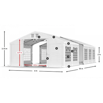 Zahradní stan Párty stan 4x30x2m střecha PVC 560g/m2 boky PVC 500g/m2 konstrukce LÉTO PLUS Zelená Bílá Šedá