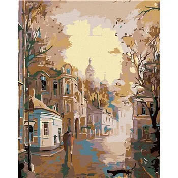 Malování podle čísel - Ranní klidné městečko, 40x50 cm, bez rámu a bez vypnutí plátna