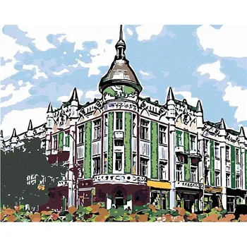 Malování podle čísel - Budova na rohu ulice, 50x40 cm, bez rámu a bez vypnutí plátna