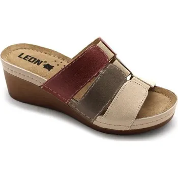 Dámská zdravotní obuv Leon 1009 Dámské kožené pantofle na klínku - Béžová s bordó Velikost: 40