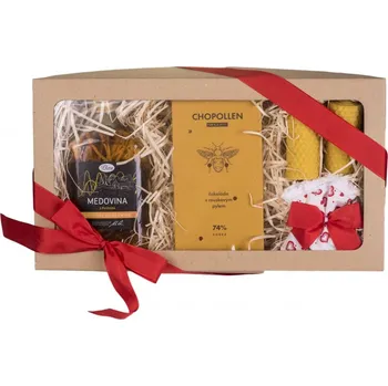 Dárkový potravinový koš Pleva Sladké valentýnské okouzlení - Medovina z Potštejna 0,2 l, Chopollen - BIO hořká čokoláda s rouskovým pylem 85 g, Medový balzám na rty tyčinka s příchutí vanilky 7 g, Medový krém na ruce 50 g, 2x Svíčka ze včelího vosku šíře 40 mm výška 67 mm, Bylin