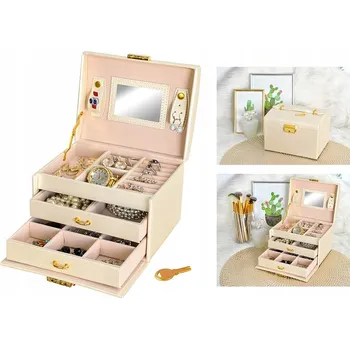 Kosmetický kufr NehtyShop Šperkovnice se zrcadlem na klíček - béžová