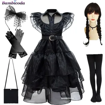 Karnevalový kostým Dětské šaty (kostým) Wednesday Addams řasená sukně (D1) Varianta: šaty + paruka + rukavice + kabelka + podkolenky + čelenka, Velikost: 160 (11-12 let)