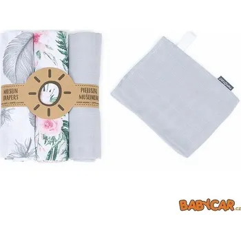 látková plena MAMO TATO mušelínové plenky 3ks + žínka Šedá/Květy/Pírka