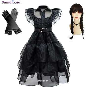 Karnevalový kostým Dětské šaty (kostým) Wednesday Addams řasená sukně (B1) Varianta: šaty + rukavice + paruka, Velikost: 110 (3-4 roky)