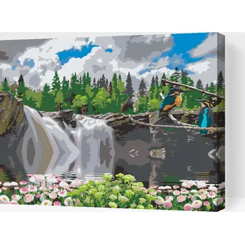 Malování podle čísel - Ptáci u vodopádu Velikost: 30x40cm, Rámování: Pouze srolované plátno