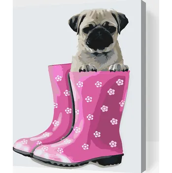 Malování podle čísel - Mopslík v gumovkách Velikost: 30x40cm, Rámování: Pouze srolované plátno