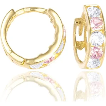 Náušnice GEMMAX Zlaté dětské náušnice kroužky Ø 10 mm, čirý a růžový kámen – zlatý šperk ryzosti 585/1000 v Dárkovém balení s Certifikátem GBEYR-10-15841