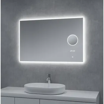 Zrcadlo Zrcadlo s LED osvětlením kosmetickým zrcátkem a hodinami, 1000 x 650 mm, nastavitelná teplota osvětlení