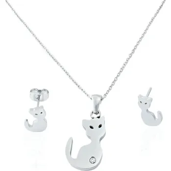 Souprava šperků Dámský set náušnice a řetízek s přívěskem kočka z chirurgické oceli S11122060