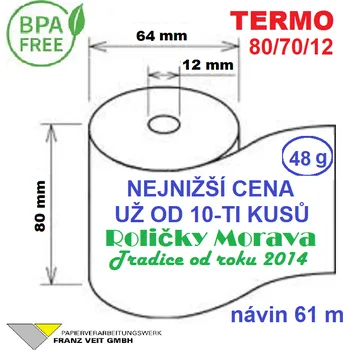 Kotouček do pokladny a tiskárny štítků Termo kotouček 80/70/12 BPA 61m (80mm x 61m) Množství: 1 ks kotoučku