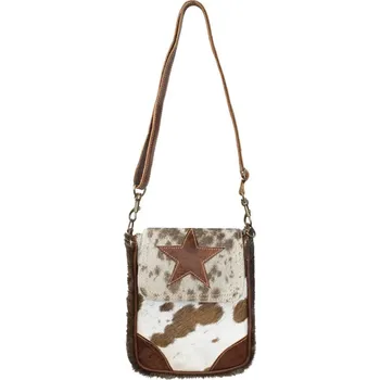 Hnědo bílá kabelka přes rameno z hovězí kůže s hvězdičkou - 19*4*22cm