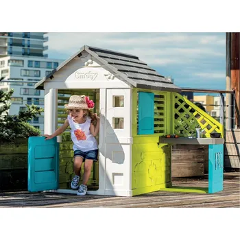 Dětský domeček Domeček s kuchyňkou Pretty Blue Smoby modro-zelený, 3 okna s 2 žaluziemi a 2 posuvnými okenicemi s UV filtrem a 17 doplňků od 2 let