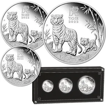 Lunární série III. - sada tří stříbrných mincí Year of the Tiger (Rok tygra) 2022 (1/2 Oz, 1 Oz, 2 Oz) PROOF