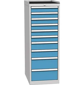 Zásuvková dílenská skříňka, 10 x zásuvka, v x š x h: 1350 x 500 x 700 mm, barva šedá RAL7035/ modrá RAL5012