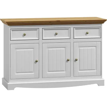 Komoda KATMANDU Dřevěná komoda Belluno Elegante, bílá, medový dub, masiv, borovice rozměr 85x130x45cm