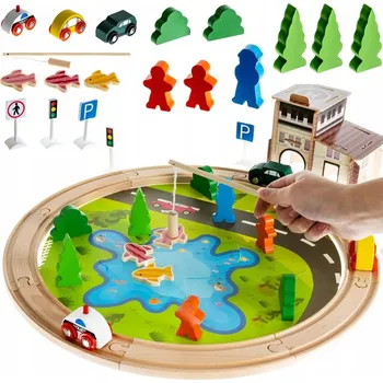 Výuková hračka Iso Trade Dřevěná autodráha 40 dílů + lovení rybiček