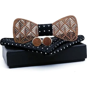 Motýlek Set dřevěného motýlku, manžetových knoflíčků a kapesníčku - Černý s černým středem