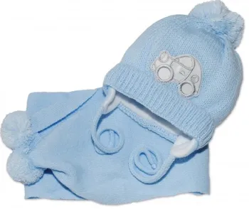 Kojenecká čepice Baby Nellys Modrá zimní čepička s šálou Autíčko 0-6 měsíců