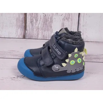 Chlapecká zimní obuv D.D.step Zimní boty D.D. step kožené barefoot W066-179 modré s dinosaurem velikost: 21