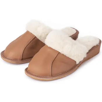 Vlnka Dámské kožené papuče na klínku s ovčí vlnou hnědé, 38