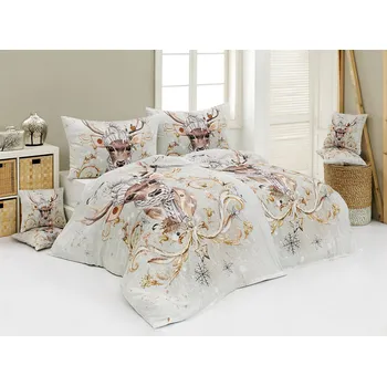 Povlečení Matějovský Stormi Vánoční se sobem a ornamenty světle béžové 140 x 200, 70 x 90 cm zipový uzávěr