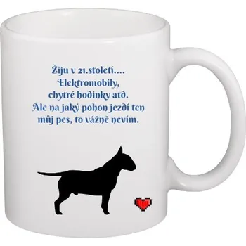 Hrnek malý bílý s potiskem Bullteriér a káva