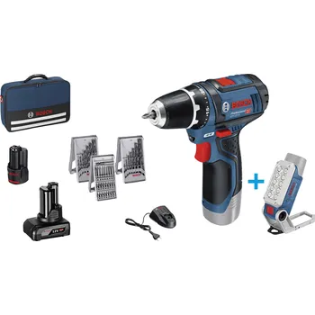 Bosch Professional GSR 12V-15 plus GLI DeciLED aku vrtací šroubovák, 12 V, 2 Ah, 4 Ah Li-Ion vč. aku lampy, vč. 2x aku, vč. příslušenství, taška