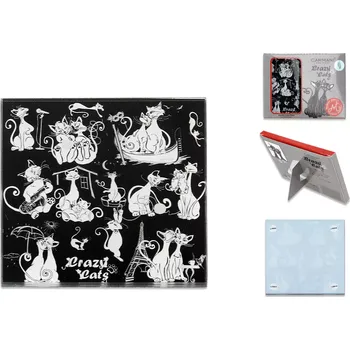 Carmani® Carmani - Skleněné prostírání pod hrnek Crazy Cats, černý v dárkovém balení - 10,5*10,5 cm