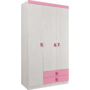 Šatní skříň Třídvéřová skříň se zásuvkami O3V2F dub bílý/růžová NUMERO