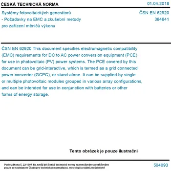ČSN EN 62920 - Systémy fotovoltaických generátorů - Požadavky na EMC a zkušební metody pro zařízení měničů výkonu - Tisk