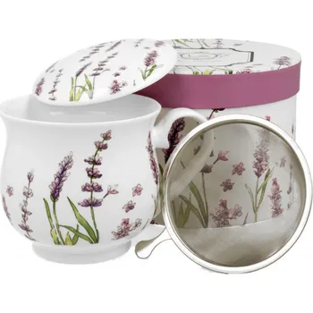 DUO Gifts DG - Porcelánový retro hrnek LEVANDULE se sítkem a víčkem v dárkové krabičce - 480 ml