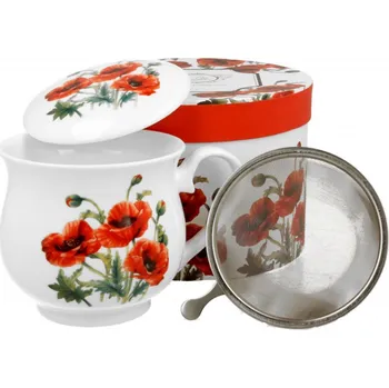 DUO Gifts DG - Porcelánový retro hrnek CLASSIC POPPIES, VLČÍ MÁK se sítkem a víčkem v dárkové krabičce - 480 ml