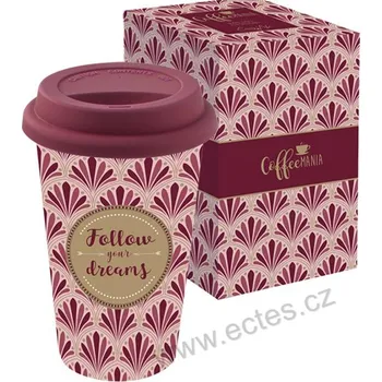Termohrnek Easy Life ART DECO BURGUNDY porcelánový cestovní TO GO hrnek s víčkem Follow Your Dreams a vínové ornamenty *COFFEE MANIA* 350ml